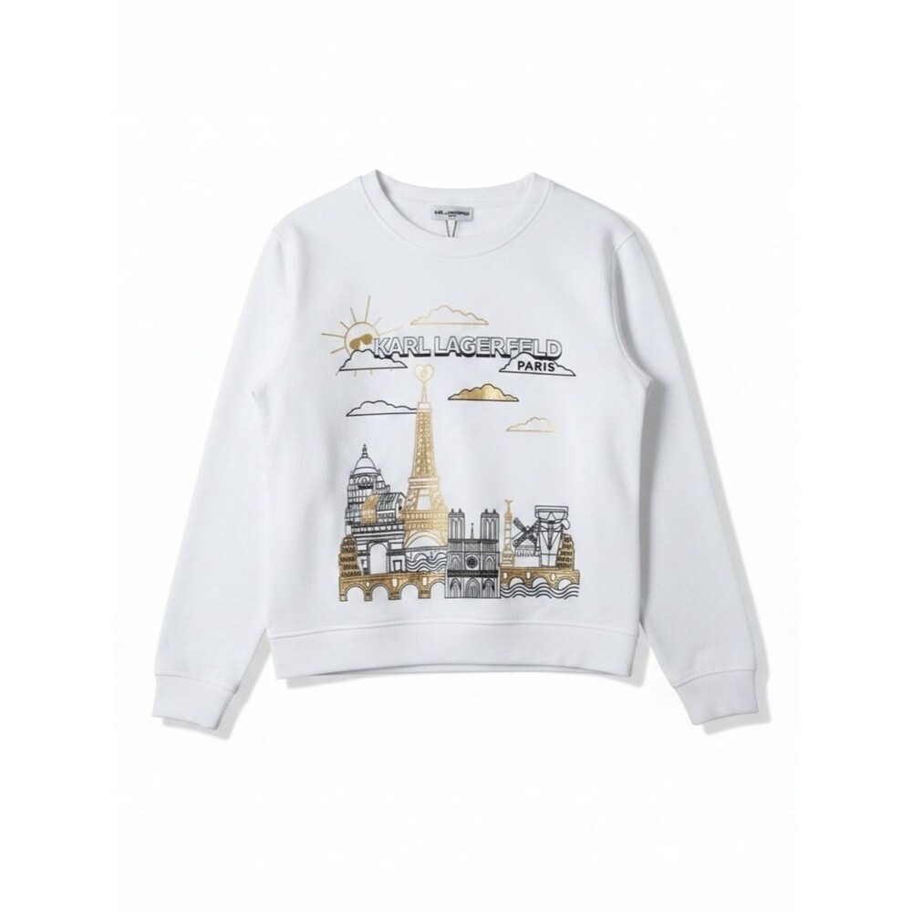 Karl Lagerfeld Paris Women’s Graphic Sweatshirt White Gold Eiffel Tower Sz Small